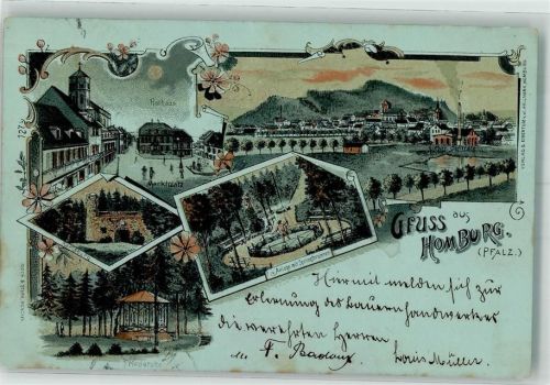 Homburg 1899 Rathaus Friedaruhe Karlsburg Anlage Springbrunnen Bahnpoststempel