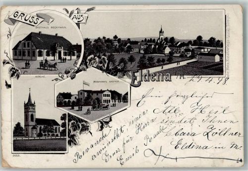Eldena 1898 Lithographie Gasthaus Beckmann Kirche