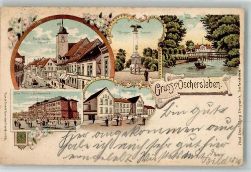 39387 O3230 Oschersleben 1910 Lithographie Kriegerdenkmal Neue Schule Krankenhaus Realschule