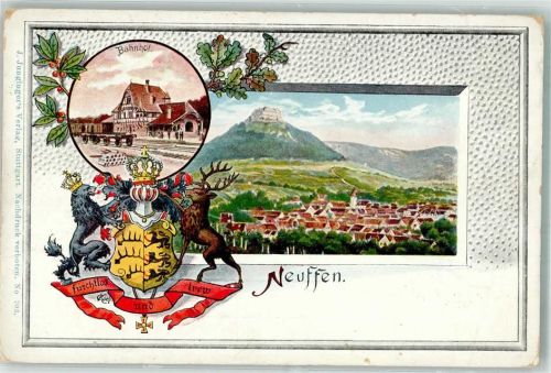 Neuffen Lithographie Bahnhof Wappen Burg Hohenneuffen