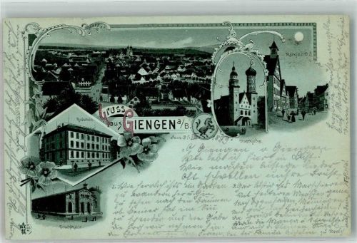 Giengen 1899 Marktplatz Fruchthalle Realschule Stadtkirche Wappen Mondschein Verlag Ottmar Zieher-München