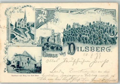 69151 W6903 Dilsberg 1899 Lithographie Dilsberg Ev. Kirche Burg Dilsberg Gasthaus zur Burg