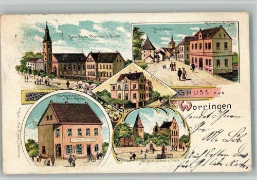 Köln Worringen 612 1905 Lithographie Krankenhaus Alte Kirche Denkmal Neue Kirche Haushaltsbazar Rasky