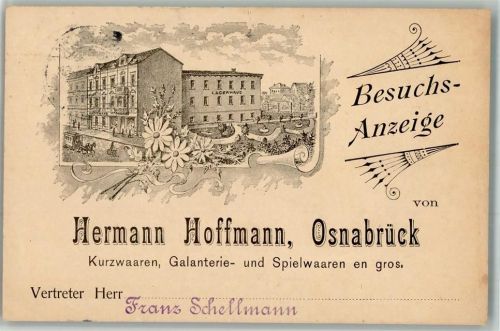Osnabrück 1905 Lithographie Besuchsanzeige Avis Hermann Hoffmann Kurzwaren Galanterie- und Spielwaren Vertreter Franz Schellmann
