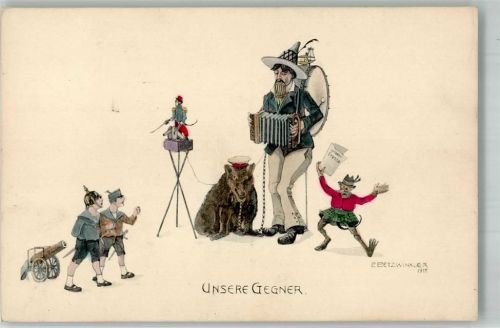 Karikatur Unsere Gegner, Bär , Ziehharmonika Spieler, Affe, sign. Petzwinkler