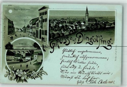 Dingolfing 1898 Lithographie Kochbrücke Haupt u. Bruckstraße