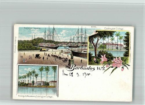Barbados 1900 Hafen Denkmal Codrington College Residence Lithographie