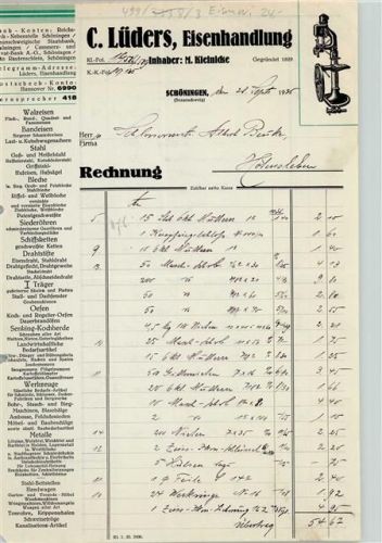 Schöningen Rechnung von 1935 C. Lüders Eisenhandlung