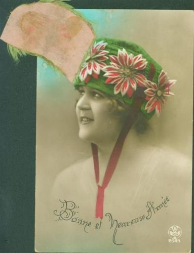 1921 Applikation aus echten Federn Hutmofe Frau Glückwunsch Neujahr