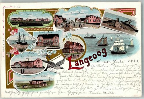 26465 W2941 Langeoog 1898 Gebrauchsspuren Lithographie Hospiz Hotel Leiss Hotel Ahrenholtz Segelschiff Aurora Seehunde
