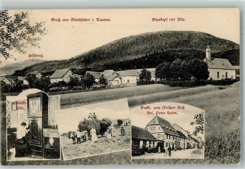 Glashütten 1909 Gasthaus zum weissen Roß Feldberg Glaskopf Standuhr Bauer bei der Heuernte