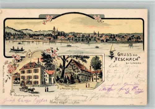Aeschach 1900 Lithographie Bodensee Gasthaus Sting Handlung Moog