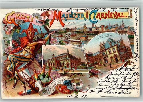 Mainz 1899 Lithographie Gruss vom Mainzer Carneval Eulenspiegel mit Geige Narrhalla-Marsch Trommel Stadthalle Der neue Casino Hof