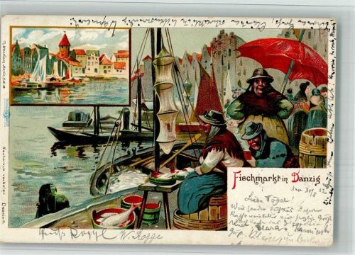 Danzig 1902 Hafen Marktszene Fischmarkt Lithographie