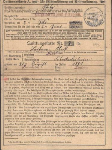 Herrnsheim Quittungskarte für Pflichtversicherung Bürgermeisteramt 1915; KEINE AK, ca. 20,5x15 cm aufgeklappt