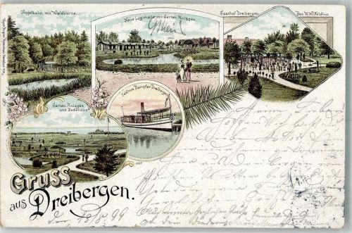 Dreibergen 1899 Gasthaus Dreibergen Garten-Anlagen Kegelbahn Feldhus Dampfer "Dreibergen"