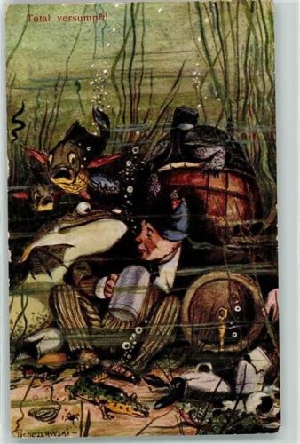 1908 Total versumpft im Meer , Fische Bierfass sign. Pzchezlawski