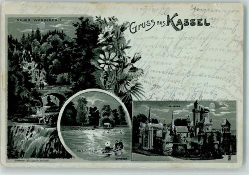 Kassel 1900 Lithographie Mondschein Neuer Wasserfall Aue Bassin Löwenburg