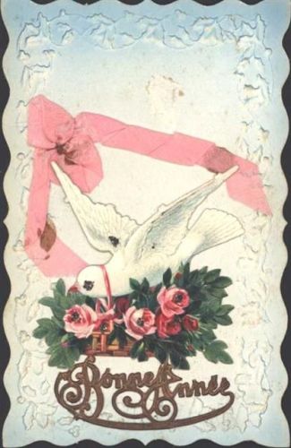 Neujahrs-AK mit aufgeklebter Oblate Taube mit Rosenkorb, Applikation Schleife aus echtem Stoff, Prägedruch, Ränder geschwungen
