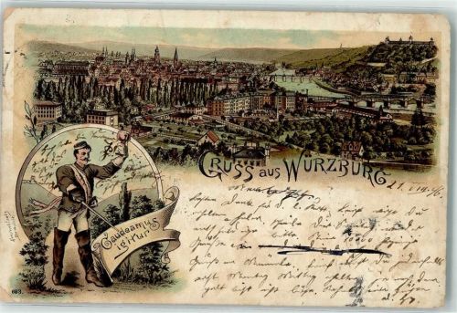Würzburg 1896 Lithographie Burschenschaftler Degen Couleurband Gaudeamus igitur