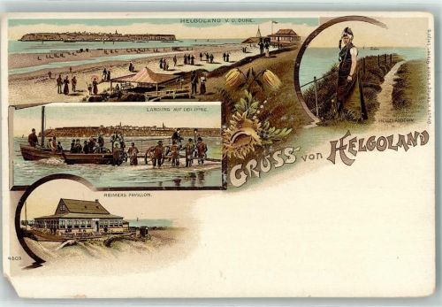 Helgoland Lithographie Strand Bootslandung Reimers Pavillion Helgoländerin Tracht