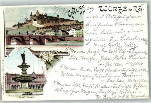 Würzburg 1897 Kilians-Brunnen Alte Mainbrücke Festung Marienberg