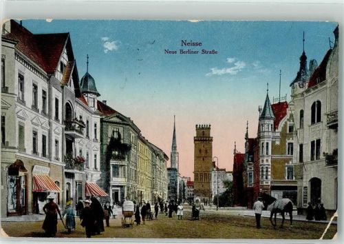 Neisse 1918 Neue Berliner STraße Turm Geschäfte Kinderwagen Pferd