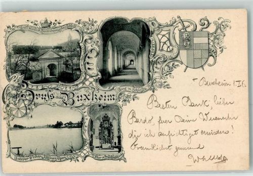 Buxheim 1906 Gang im Schloss Gräfl. Waldbott Bassenheimisches Schloss Unterer Weiher Altar in der Schlosskirche Wappen