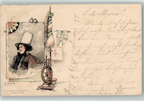 1897 Schwarzwald-Postkarte Verlag Seeger - Spinnrad tracht AK