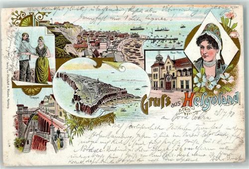 Helgoland 1898 Trachten Neue Post Steilküste Strand Lithographie