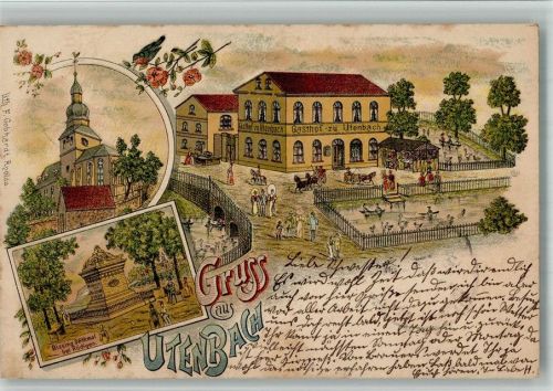 Utenbach 1897 Lithographie Bissing Denkmal Kirche Gasthaus zu Utenbach