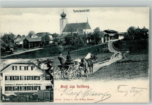 Kellberg Feldweg Pferdekutsche Gasthaus-Bäckerei Schwarz Dorfkirche