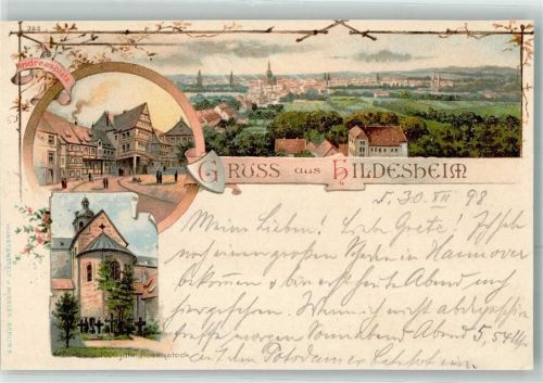 Hildesheim 1898 Aandreasplatz 1000 jähriger Rosenstock Kreuz Kirche Gruss Bahnpost Lehrte Nordstemmen Zug Nr. 687