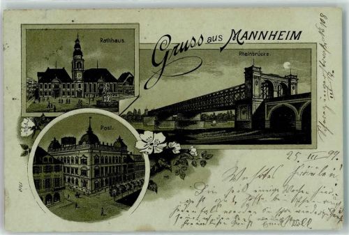Mannheim 1899 Rathaus Rheinbrücke Post