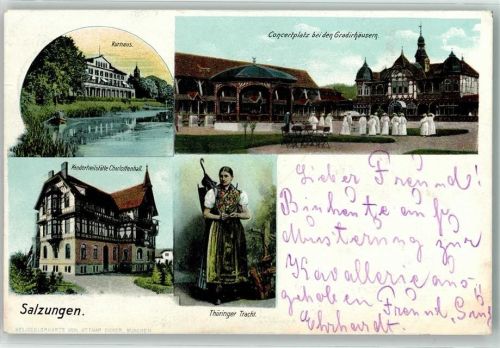 Bad Salzungen 1905 Kurhaus Konzertplatz bei den Gradirhäusern Kinderheilstätte Charlottenhall Thüringer Tracht