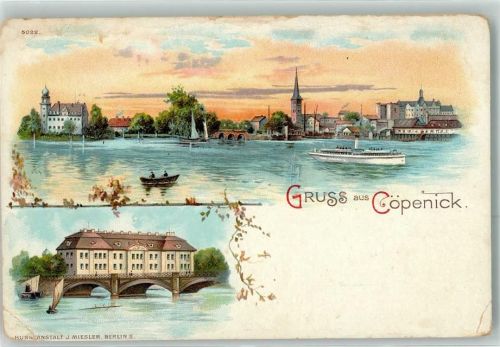 Köpenick Gruss Kirche Brücke Ruderboot Schiff Fabrik Lithographie