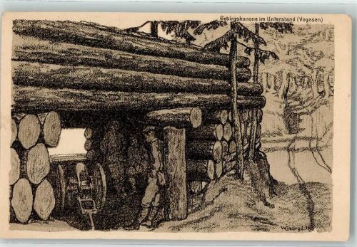 1916 sign. Georgi Gebirgskanone im Unterstand in den Vogesen Bahlsen Keksfabrik Feldpost IX. Armeekorps