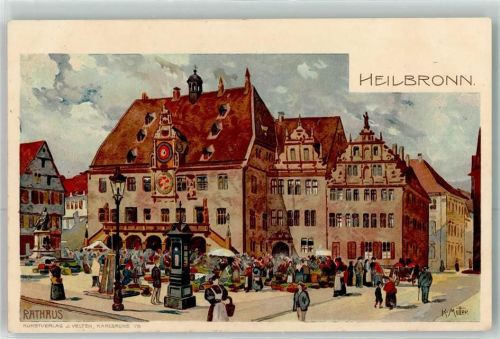 W7100 Heilbronn , Neckar Velten Verlag Nr. 259 , Rathaus, Marktszene, Wettersäule Mutter, K. 1909 Lithographie / Künstlerkarte