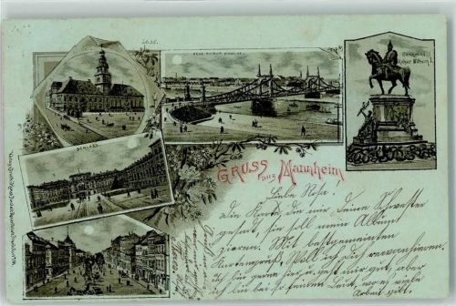 Mannheim 1900 Neue Neckar Brücke Denkmal Kaiser Wilhelm I. Schloss Mond Blumen Gruss