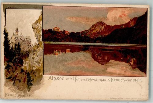 87645 W8959 Hohenschwangau Lithographie Schloss Neuschwanstein Alpsee