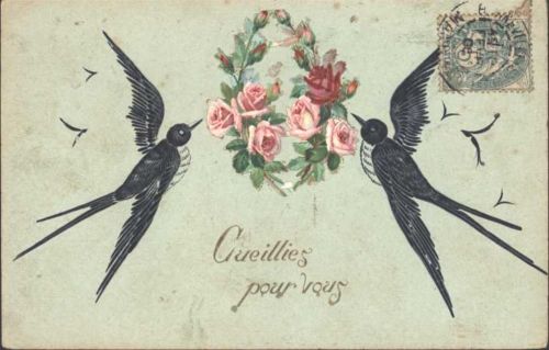 Gruß-AK von 1906 mit Schwalben und aufgeklebter Oblate Rosen