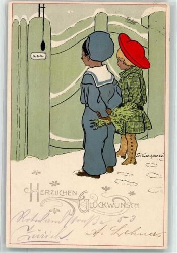 1900 Glückwunsch Kinder mit Blumen an der Haustür Litho