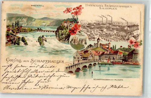 Schaffhausen Sciaffusa Gruss aus Nr. 2 Rheinfall + Stärkefabrik in Bad Salzuflen Hoffmann´s Stärke 1898 Lithographie / Künstlerkarte