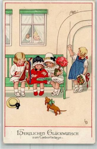 1918 Geburtstag Kinder Mandoline Pralinen Dackel Meissner u. Buch Serie 2301