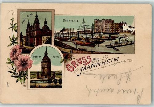 Mannheim 1899 Wasserturm Jesuiten-Kirche Hafen Lithographie