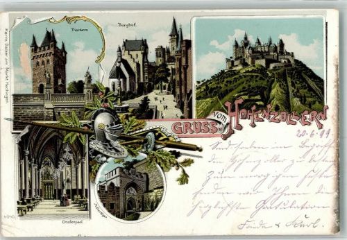 72379 W7457 Burg Hohenzollern , Gem Bisingen 1899 Gebrauchsspuren Lithographie Törturm Burghof Grafensaal Adlertor