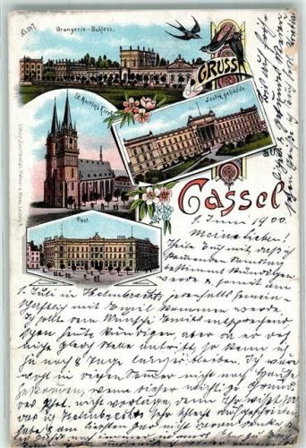 Kassel 1900 Lithographie Orangerie-Schloß St. Martinskirche Justizgebäude Post