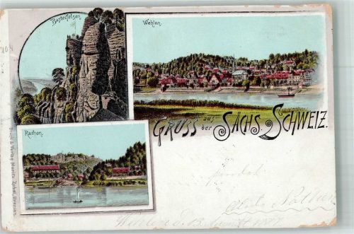 01829 O8306 Wehlen Stadt 1897 Lithographie Panorama des Ortes Basteifelsen Rathen