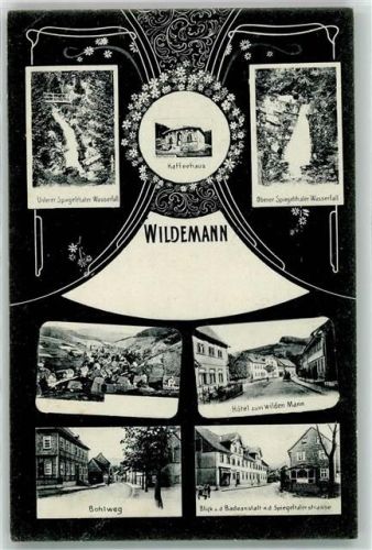 Wildemann Unterer Spiegeltaler Wasserfall Gasthaus Kaffeehaus Hotel Zum Wilden Mann Bohlweg Blick v. d. Badeanstalt z. Spiegeltalerstraße