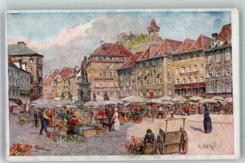 Graz Marktszene sign. Kargl, R. Hauptplatz Bund deutscher Österreicher